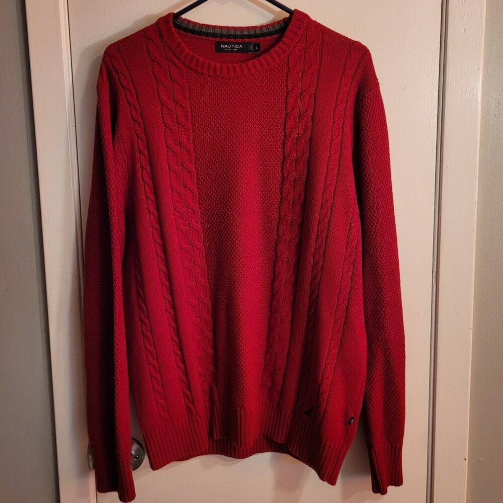 NAUTICA Red Cable Knit Sweater L 100% Cotton Fisherman Ribbed Preppy Dadcore